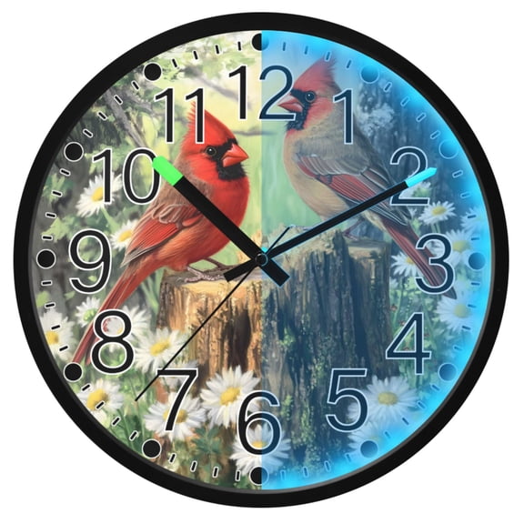 Ryvnso Cardinals Daisy Floral 12 Inch Night Light Wall Clock Silent Battery Operated Luminous Clocks