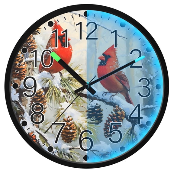 Ryvnso Cardinals Pinecone Snow 12 Inch Night Light Wall Clock Silent Battery Operated Luminous Clocks