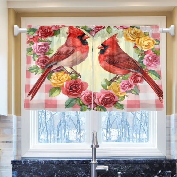 Ryvnso Cardinals in Hearts Half Curtains Sets Tier 2 Panels Short Curtain Rod Pocket 27"W x 24"L