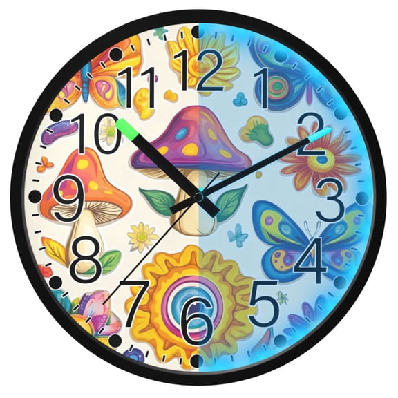 Ryvnso Carton Magic Mushrooms Flower 12 Inch Night Light Wall Clock Silent Battery Operated Luminous Clocks