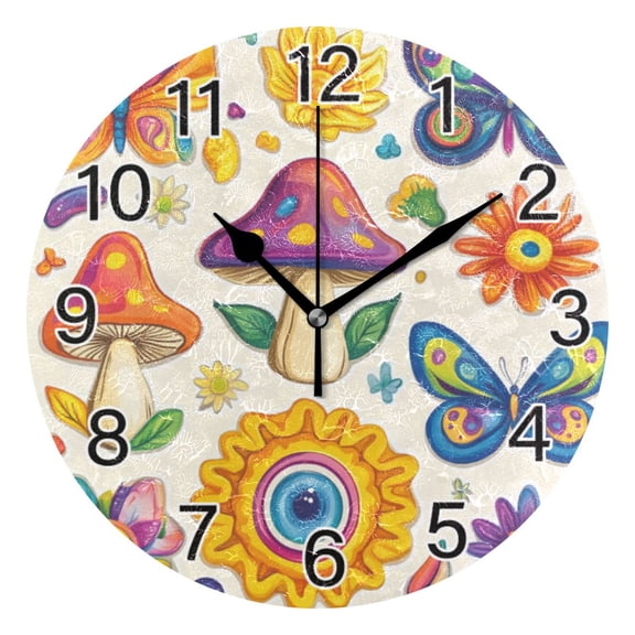 Ryvnso Carton Magic Mushrooms Flower Wall Clock Non Ticking Silent Kitchen Clock Battery Operated Clocks 10 inch
