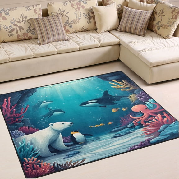 Ryvnso Cartoon Bear Penguin under Sea Area Rug Floor Mats Non-Slip Home Carpet 80 x 58 inch