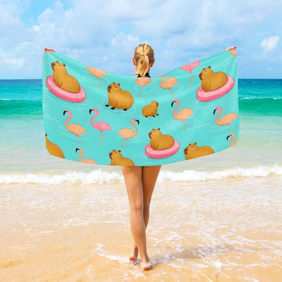 Ryvnso Cartoon Capybara Flamingo Beach Towel Quick Dry Swimming Yoga Beach Towels Large Sand Free Microfiber Towel 31"W x 71"L