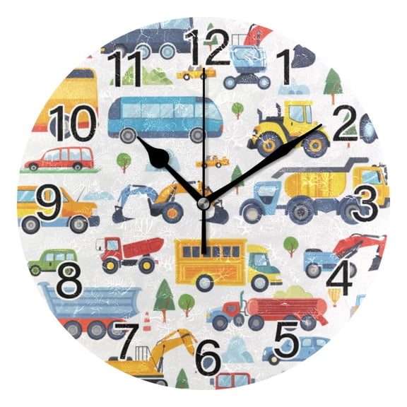 Ryvnso Cartoon Car Bus Truck Engineering Vehicle Wall Clock Non Ticking Silent Kitchen Clock Battery Operated Clocks 10 inch
