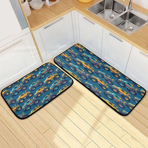Ryvnso Cartoon Car Vehicles Kitchen Rugs Set Non Slip Runner Mats for Dining Room