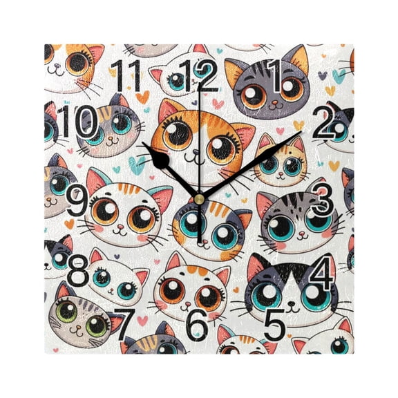 Ryvnso Cartoon Cat Face Wall Clock Square Silent Non-Ticking Battery Operated 7.78"