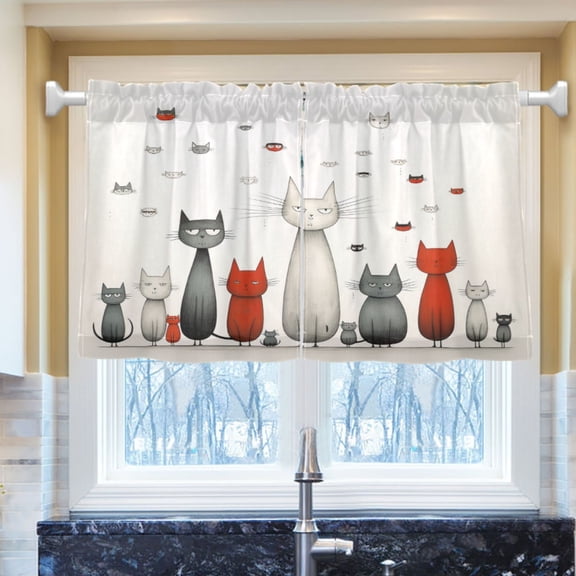 Ryvnso Cartoon Cat Half Curtains Sets Tier 2 Panels Short Curtain Rod Pocket 27"W x 36"L