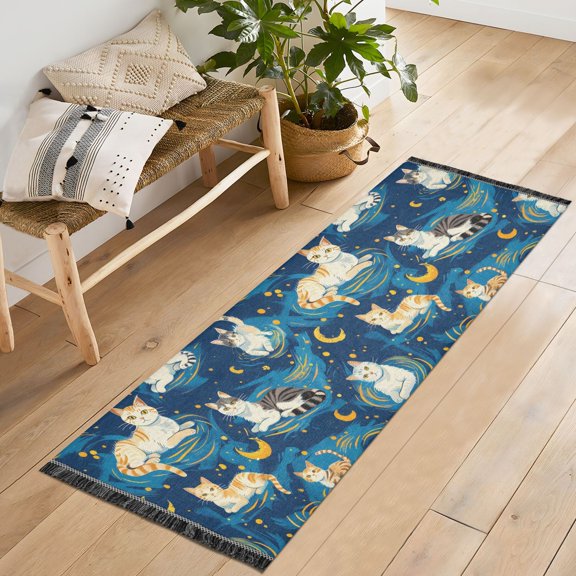 Ryvnso Cartoon Cat Starry Night Bedroom Runner Rug 2'x6' Hallway Area Carpet Non Slip Entryway Mat with Tassels