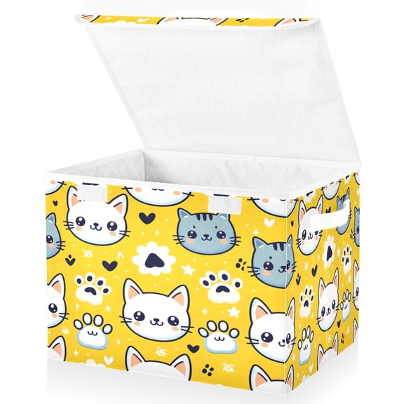 Ryvnso Cartoon Cat and Paw Large Lidded Foldable Storage Baskets Cubes Boxes Lids Bin for Home