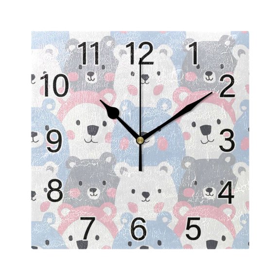 Ryvnso Cartoon Cute Bear Face Wall Clock Square Silent Non-Ticking Battery Operated 7.78"