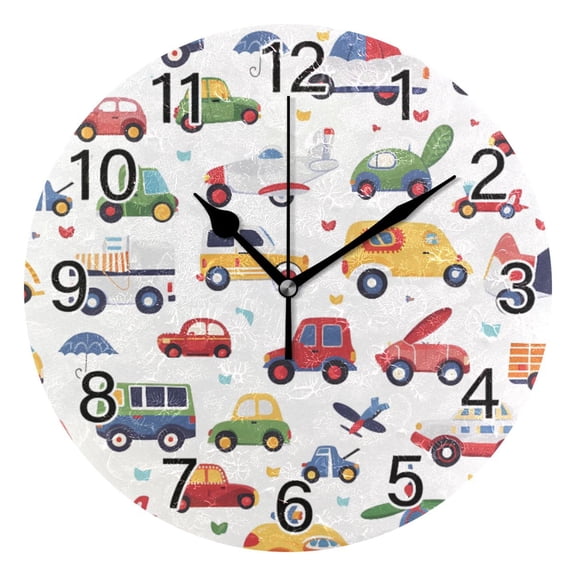 Ryvnso Cartoon Cute Cars Vehicles Wall Clock Non Ticking Silent Kitchen Clock Battery Operated Clocks 10 inch