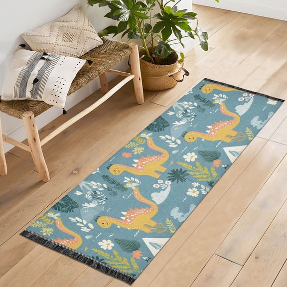 Ryvnso Cartoon Dinosaurs Bedroom Runner Rug 2'x6' Hallway Area Carpet Non Slip Entryway Mat with Tassels
