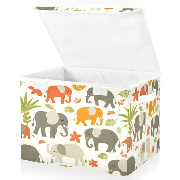 Ryvnso Cartoon Elephants Leaves Large Lidded Foldable Storage Baskets Cubes Boxes Lids Bin for Home