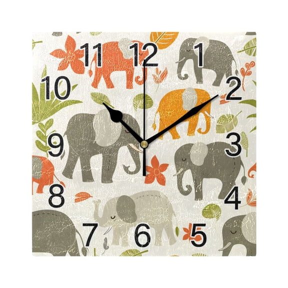 Ryvnso Cartoon Elephants Leaves Wall Clock Square Silent Non-Ticking Battery Operated 7.78"