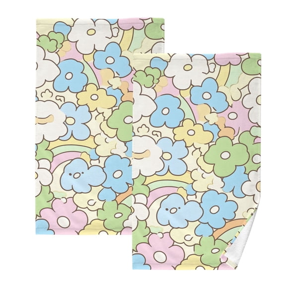 Ryvnso Cartoon Flower Rainbow Cotton Hand Towels Sets Face Towel 2 PCs Bathroom Decorative