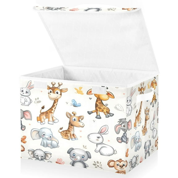 Ryvnso Cartoon Giraffes Elephants Rabbits Large Lidded Foldable Storage Baskets Cubes Boxes Lids Bin for Home