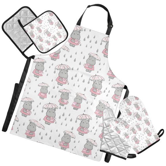 Ryvnso Cartoon Hippo in Rain Kitchen Apron Oven Mitts Set Pot Holders