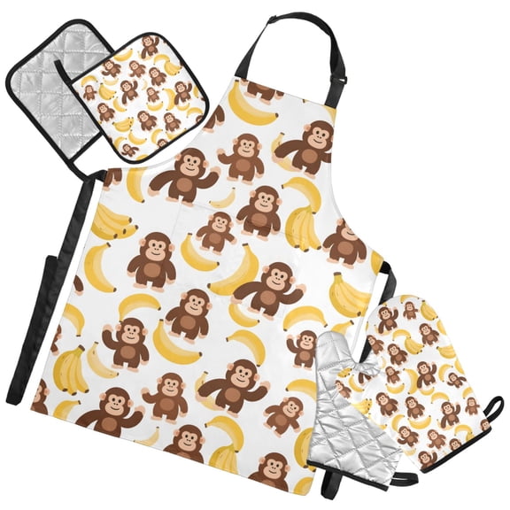 Ryvnso Cartoon Monkey Bananas Cute Kitchen Apron Oven Mitts Set Pot Holders