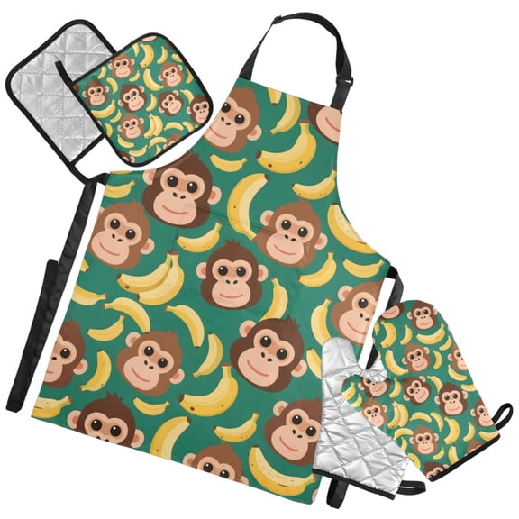 Ryvnso Cartoon Monkey Bananas Kitchen Apron Oven Mitts Set Pot Holders