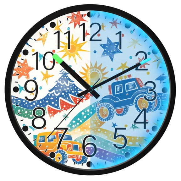 Ryvnso Cartoon Monster Trucks 12 Inch Night Light Wall Clock Silent Battery Operated Luminous Clocks