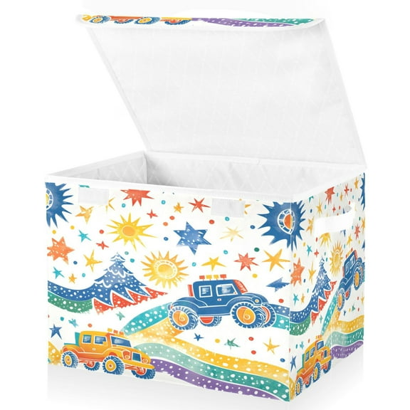 Ryvnso Cartoon Monster Trucks Large Lidded Foldable Storage Baskets Cubes Boxes Lids Bin for Home