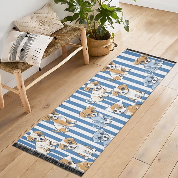 Ryvnso Cartoon Puppy Dog Stripes Bedroom Runner Rug 2'x6' Hallway Area Carpet Non Slip Entryway Mat with Tassels