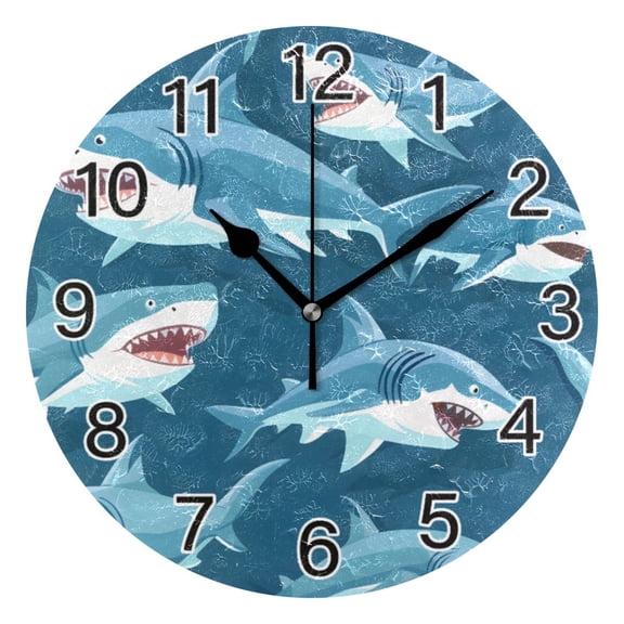 Ryvnso Cartoon Sharks Wall Clock Non Ticking Silent Kitchen Clock Battery Operated Clocks 10 inch