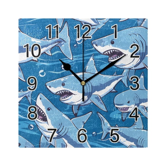 Ryvnso Cartoon Sharks Wall Clock Square Silent Non-Ticking Battery Operated 7.78"