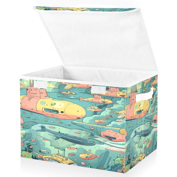 Ryvnso Cartoon Submarines under Sea Large Lidded Foldable Storage Baskets Cubes Boxes Lids Bin for Home