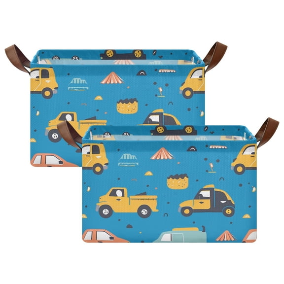Ryvnso Cartoon Trucks Cars on Blue Storage Bins Large Basket Foldable Cube Toys Organizer with Handles 2 PCs