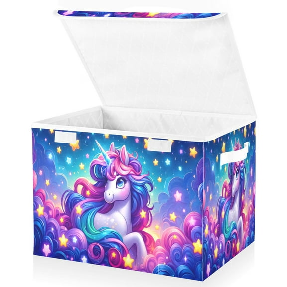Ryvnso Cartoon Unicorn Rainbow Stars Large Lidded Foldable Storage Baskets Cubes Boxes Lids Bin for Home