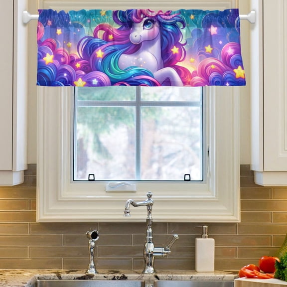 Ryvnso Cartoon Unicorn Rainbow Stars Window Valance Kitchen Farmhouse Rod Pocket Short Curtain 54x18 inch