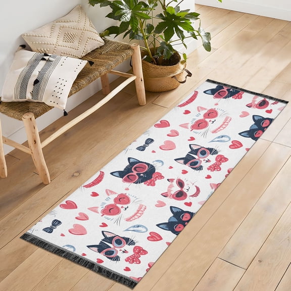 Ryvnso Cat Cartoon Bedroom Runner Rug 2'x6' Hallway Area Carpet Non Slip Entryway Mat with Tassels