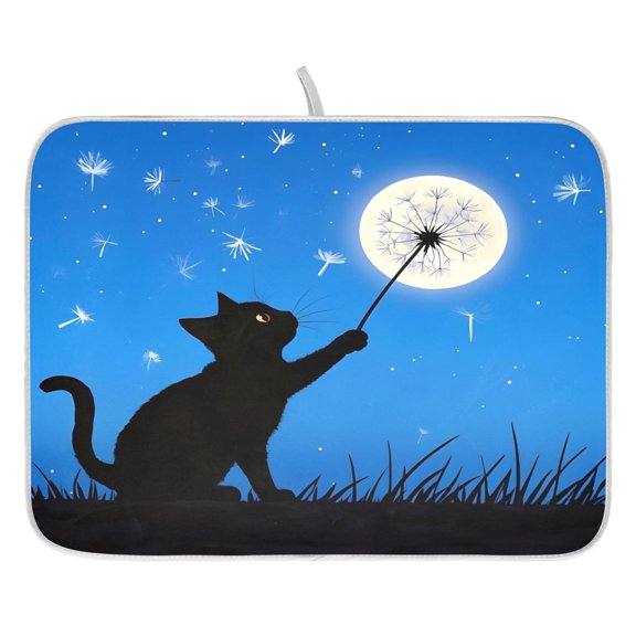 Ryvnso Cat Dandelion Night Dish Drying Mat for Kitchen Countertop 18x24 Large Dish Pad Drainer Rack Dish Sink Mats