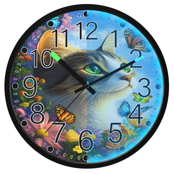 Ryvnso Cat Fantasy Butterfly 12 Inch Night Light Wall Clock Silent Battery Operated Luminous Clocks