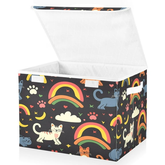 Ryvnso Cat Paw Print Rainbow and Cloud Large Lidded Foldable Storage Baskets Cubes Boxes Lids Bin for Home
