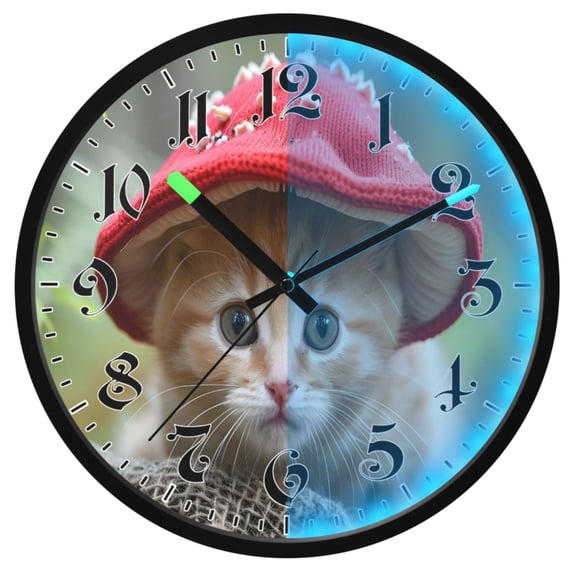 Ryvnso Cat Wear Mushroom Hat 12 Inch Night Light Wall Clock Luminous Silent Battery Operate Clocks