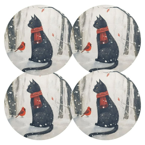 Ryvnso Cat and Bird in Winter Round Plate Mats Dining Table Placemat Set of 4 for Holiday Decoration