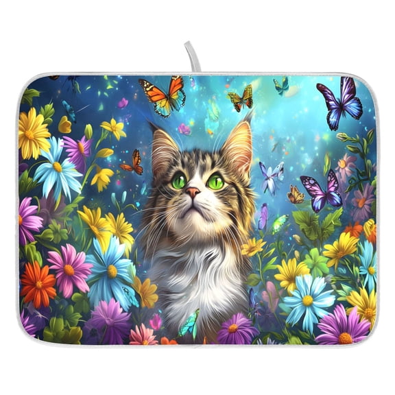 Ryvnso Cat in Butterfly Flowers Dish Drying Mat for Kitchen Countertop 16x18 Small Dish Pad Drainer Rack Dish Sink Mats