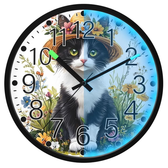 Ryvnso Cat in Flowers 12 Inch Night Light Wall Clock Silent Battery Operated Luminous Clocks