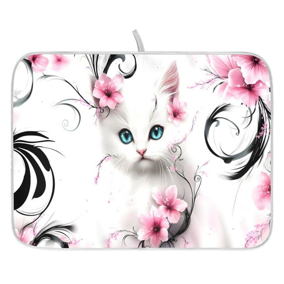 Ryvnso Cat in Flowers Dish Drying Mat for Kitchen Countertop 16x18 Small Dish Pad Drainer Rack Dish Sink Mats
