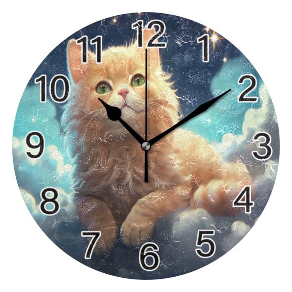 Ryvnso Cat on Clouds and Stars Wall Clock Non Ticking Silent Kitchen Clock Battery Operated Clocks 10 inch