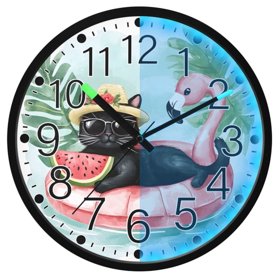 Ryvnso Cat on Flamingo Boats 12 Inch Night Light Wall Clock Silent Battery Operated Luminous Clocks