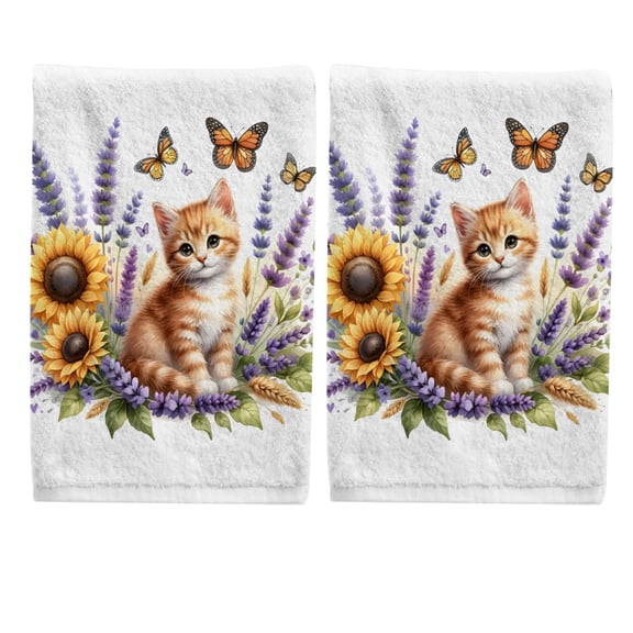 Ryvnso Cat on Lavender Flowers Hand Towels Set for Bathroom Cotton Face Towel Decorative 15.5x29.5 inch