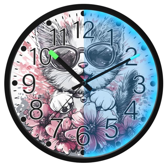 Ryvnso Cat with Sunglasses 12 Inch Night Light Wall Clock Silent Battery Operated Luminous Clocks