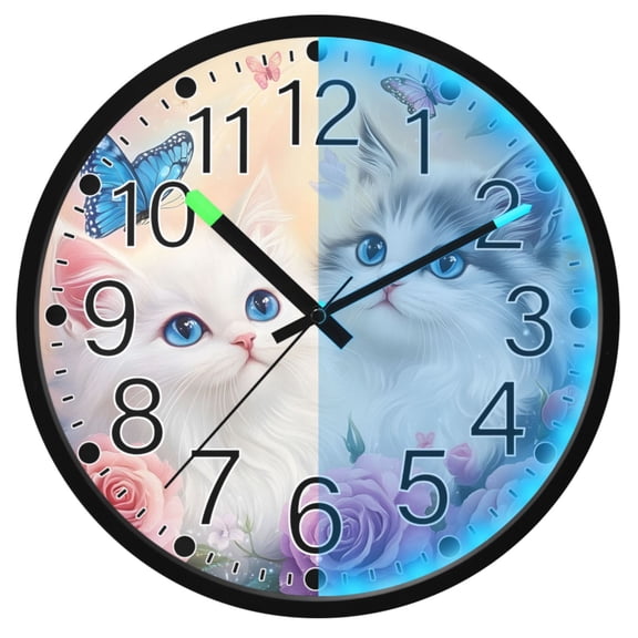 Ryvnso Cats Butterfly Roses 12 Inch Night Light Wall Clock Silent Battery Operated Luminous Clocks