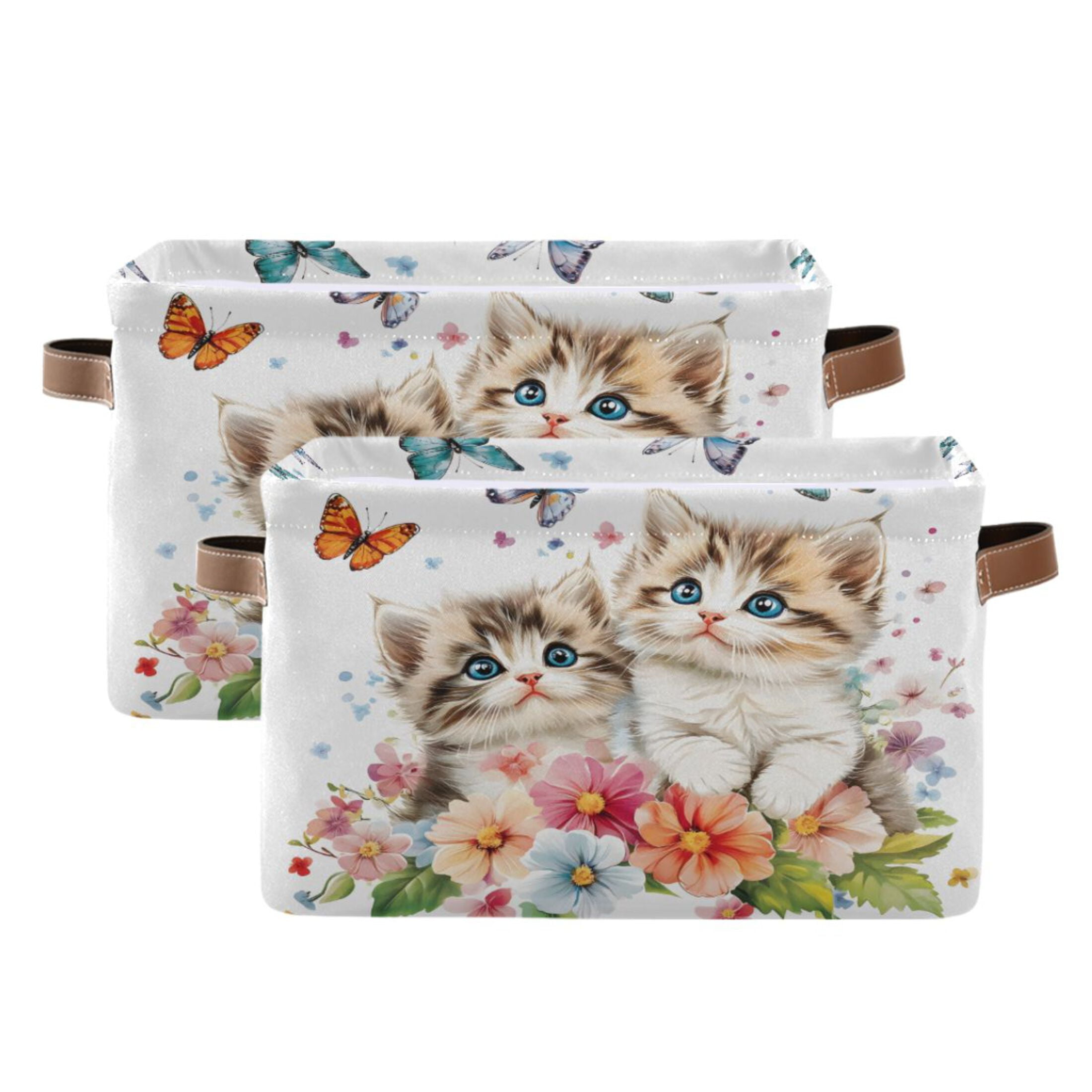 Ryvnso Cats Flower Butterfly Storage Basket Large Bin Foldable Boxes Toys Organizer 14.2x10.2x8.3in 2 PCs