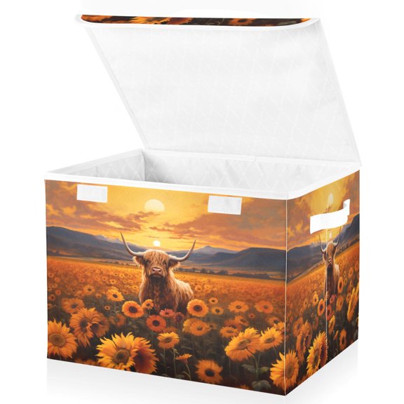 Ryvnso Cattle in Sunflowers Large Lidded Foldable Storage Baskets Cubes Boxes Lids Bin for Home