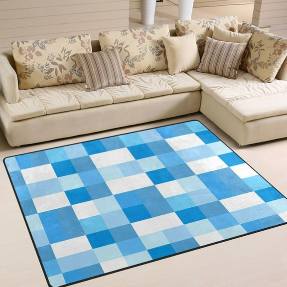 Ryvnso Checkered Blue and White Area Floor Rugs Soft Non-Slip Large Mats Nursery Carpets 63" x 48"