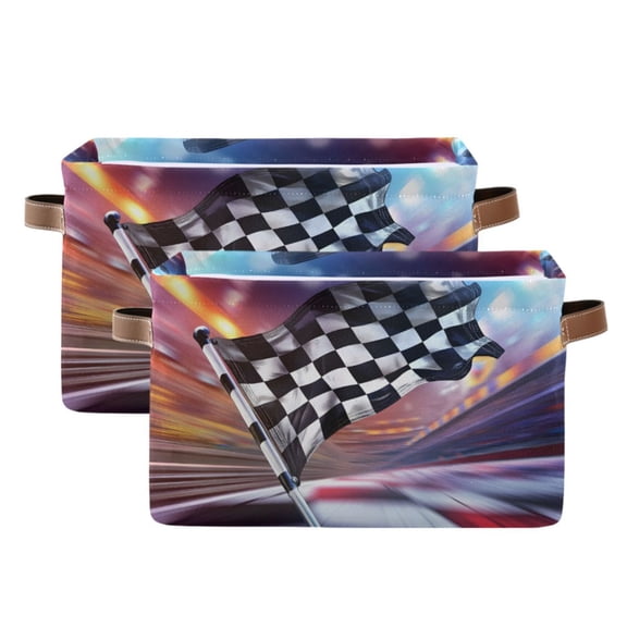 Ryvnso Checkered Flag Storage Basket Large Bin Foldable Boxes Toys Organizer 14.2x10.2x8.3in 2 PCs
